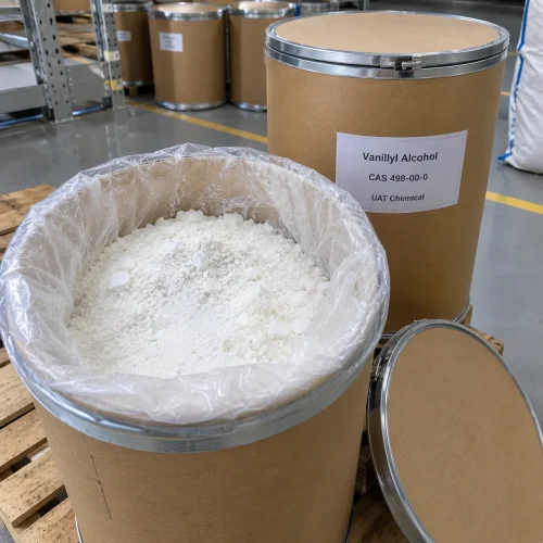 Vanillyl alcohol CAS 498-00-0 white powder in an open fiber drum with PE liner beside a closed drum