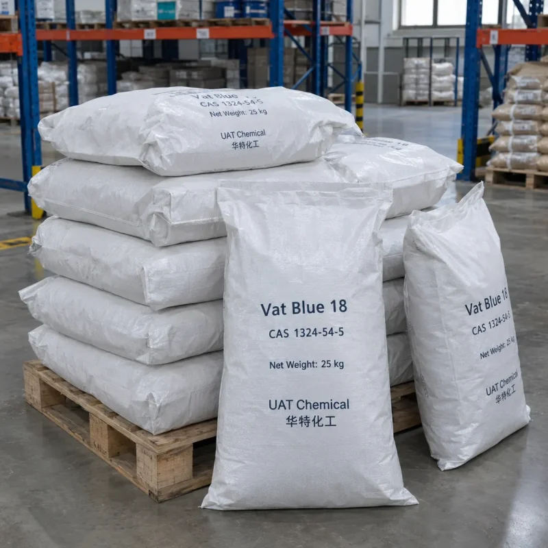 vat-blue-18-cas-1324-54-5-25kg-woven-bags-pallet Vat Blue 18 CAS 1324-54-5 in 25 kg white woven bags stacked on pallet in warehouse