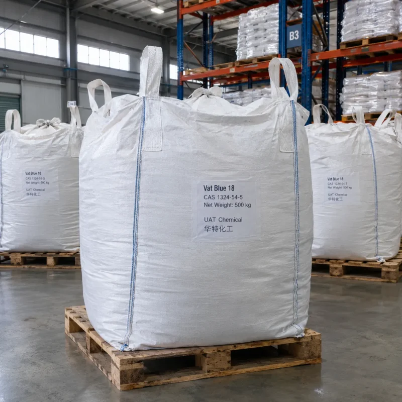 vat-blue-18-cas-1324-54-5-500kg-fibc-bulk-bag Vat Blue 18 CAS 1324-54-5 in 500 kg FIBC bulk bag on pallet in warehouse