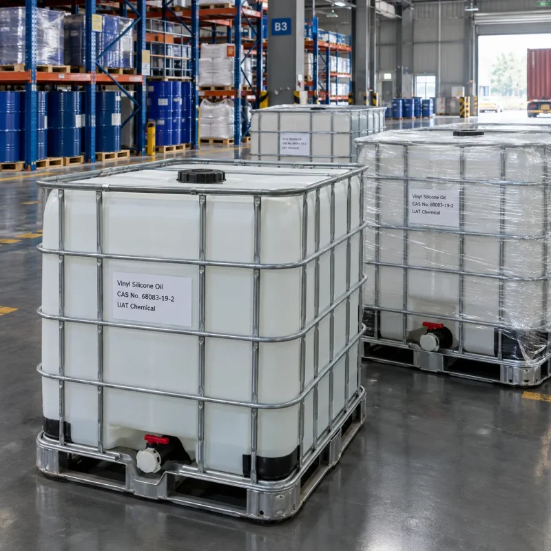 Vinyl silicone oil CAS 68083-19-2 in white IBC tote tanks in warehouse