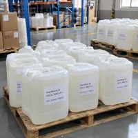 Vinyl silicone oil CAS 68083-19-2 in white plastic jerricans on wooden pallet in warehouse
