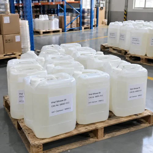 vinyl-silicone-oil-cas-68083-19-2-jerricans-pallet Vinyl silicone oil CAS 68083-19-2 in white plastic jerricans on wooden pallet in warehouse