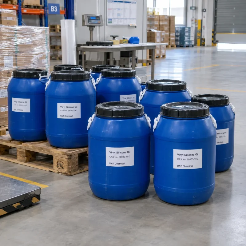 Vinyl silicone oil CAS 68083-19-2 in blue open-head plastic drums with black lids on pallet in warehouse