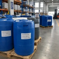 Vinyl silicone oil CAS 68083-19-2 in blue and gray plastic drums on pallets in warehouse