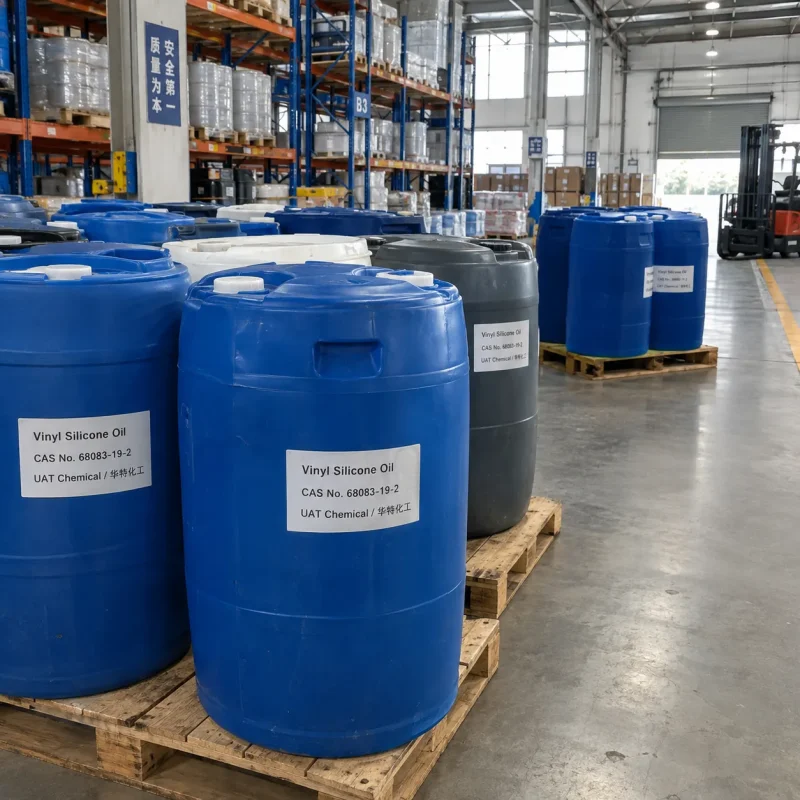 Vinyl silicone oil CAS 68083-19-2 in blue and gray plastic drums on pallets in warehouse