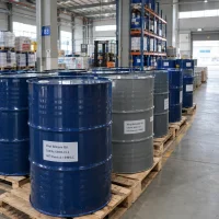 Vinyl silicone oil CAS 68083-19-2 in blue and gray steel drums lined on pallets in warehouse