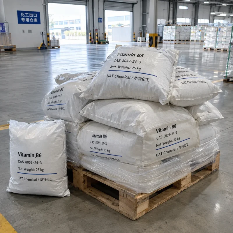 vitamin-b6-pyridoxine-cas-8059-24-3-25kg-woven-bags-pallet Vitamin B6 (Pyridoxine) CAS 8059-24-3 in 25 kg woven bags stacked on pallet
