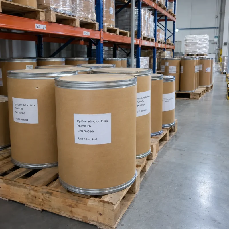 vitamin-b6-pyridoxine-hydrochloride-fiber-drums-bulk-supply Pyridoxine Hydrochloride Vitamin B6 CAS 58-56-0 bulk supplied in fiber drums on pallets by UAT Chemical for international B2B buyers.