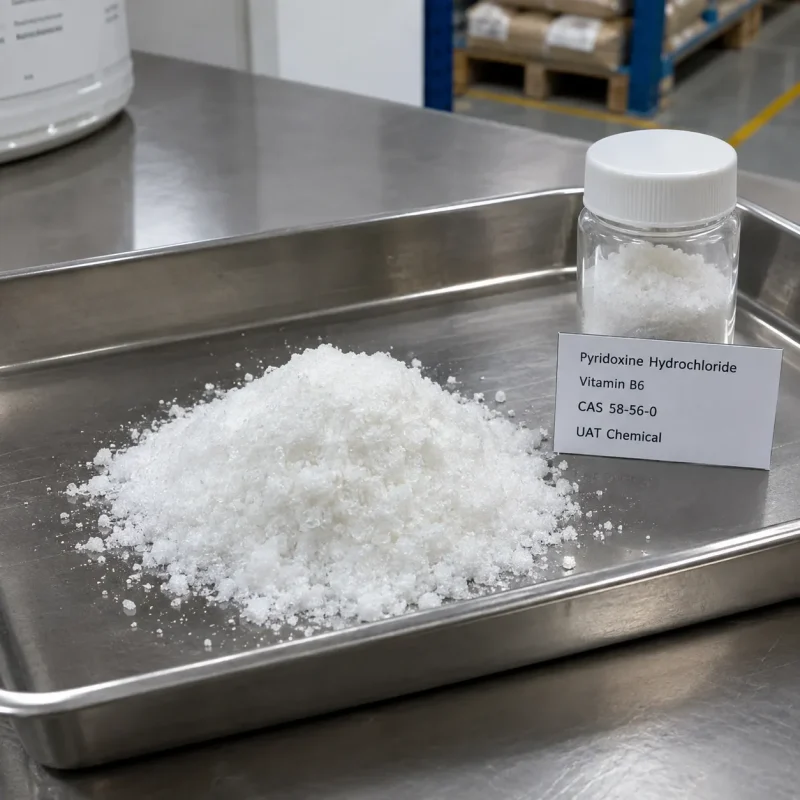 white-crystalline-pyridoxine-hydrochloride-vitamin-b6-powder-sample Close-up of high-purity white crystalline Pyridoxine Hydrochloride Vitamin B6 CAS 58-56-0 powder sample from UAT Chemical B2B supplier.