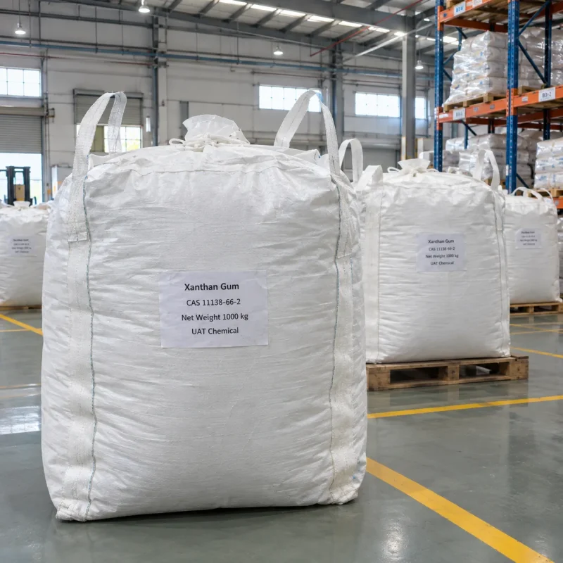 White 1000 kg ton bags (FIBC) of xanthan gum (CAS 11138-66-2) on wooden pallets in a warehouse