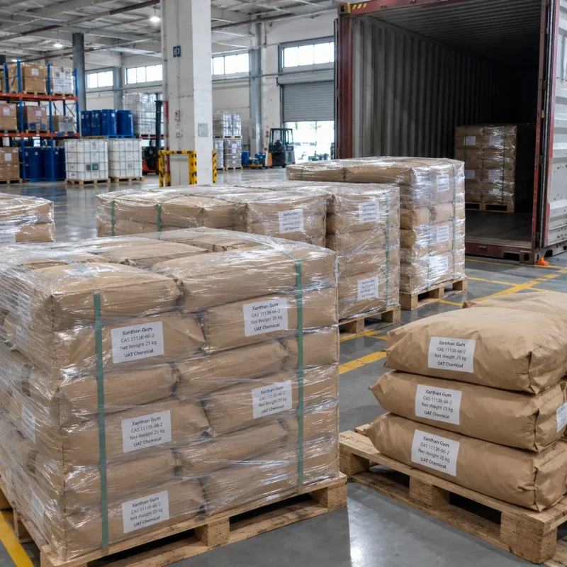 Shrink-wrapped pallets of 25 kg xanthan gum bags (CAS 11138-66-2) beside an open shipping container in a warehouse