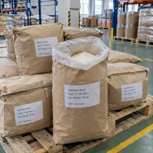 Open 25 kg kraft paper bag showing xanthan gum powder (CAS 11138-66-2) with sealed bags on a wooden pallet