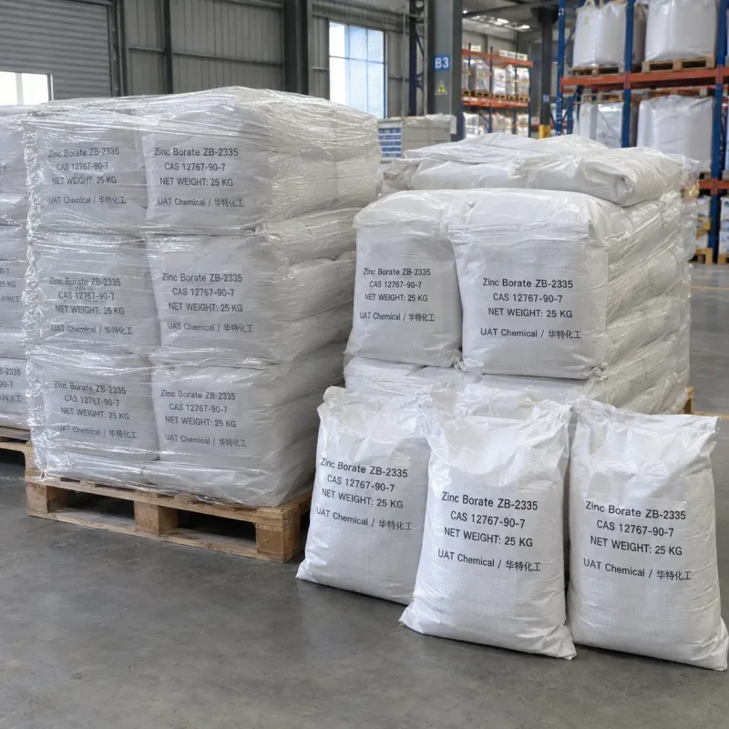 Shrink-wrapped stacks of 25kg white bags of Zinc Borate ZB-2335 CAS 12767-90-7 on wooden pallets in a warehouse.