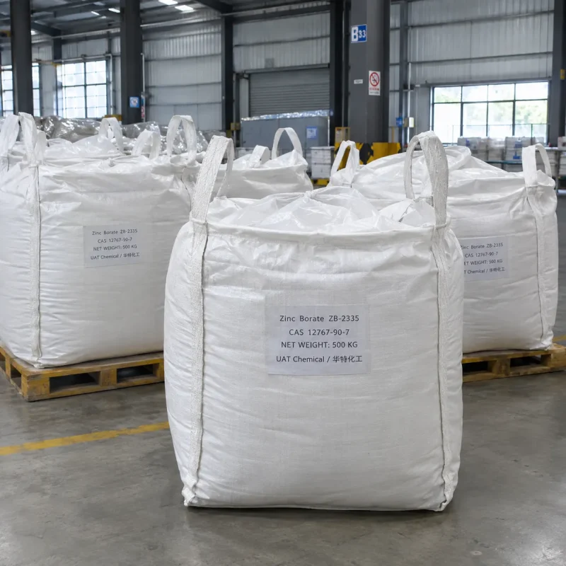 White FIBC bulk bags labeled Zinc Borate ZB-2335 CAS 12767-90-7 with 500 kg net weight on wooden pallets in a warehouse.