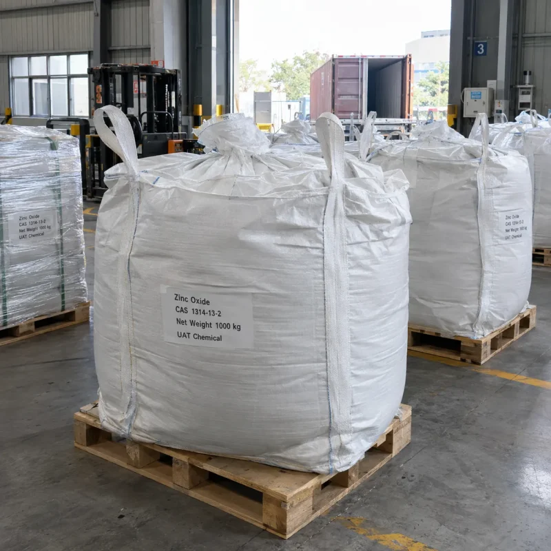 zinc-oxide-zno-cas-1314-13-2-1000kg-fibc-bulk-bags-pallet White FIBC bulk bags labeled Zinc Oxide ZnO CAS 1314-13-2 with 1000 kg net weight on wooden pallets at a warehouse loading area with a forklift and container behind.