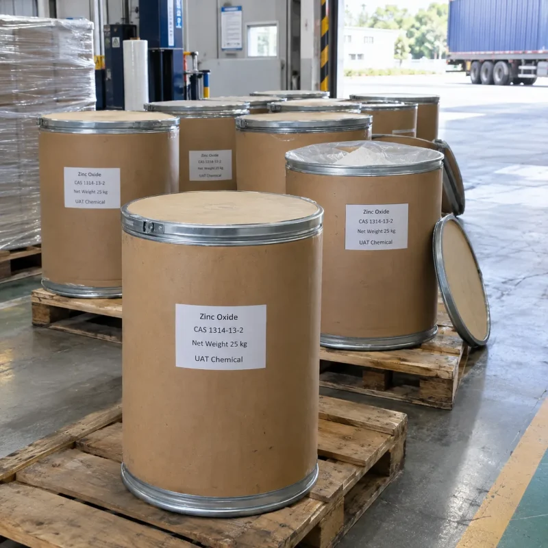 zinc-oxide-zno-cas-1314-13-2-25kg-fiber-drums-open-drum 25kg brown fiber drums of Zinc Oxide ZnO CAS 1314-13-2 on wooden pallets with one open drum showing white powder and its lid beside, at a loading area with a truck behind.