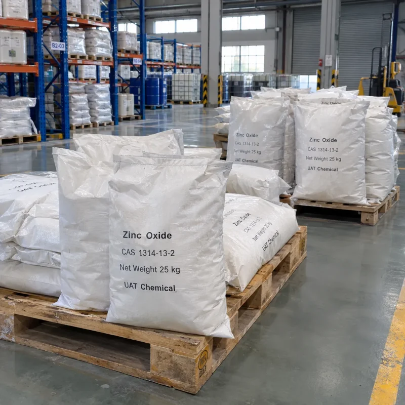zinc-oxide-zno-cas-1314-13-2-25kg-woven-bags-pallet Stacked 25kg white woven bags of Zinc Oxide ZnO CAS 1314-13-2 on wooden pallets in a warehouse with racks, blue drums and a forklift in the background.