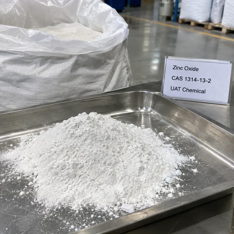 zinc-oxide-zno-cas-1314-13-2-white-powder-sample-tray Pile of white Zinc Oxide ZnO powder CAS 1314-13-2 in a stainless steel tray with a product label, beside an open woven bag of powder in a warehouse.